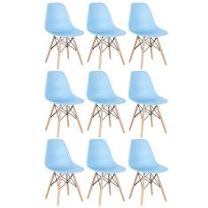 Kit 9 Cadeiras Charles Eames Eiffel Dsw Com Pés De Madeira Clara Azul Claro