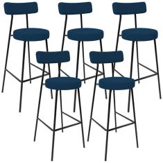Kit 05 Banquetas Baixa Bar Cozinha Sala De Jantar Estrutura Em Aço Milão L02 Suede Azul Marinho