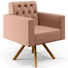 Poltrona Decorativa Giratória Base de Madeira Manu L02 Capitonê Linho 