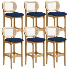 Kit 06 Banquetas Altas Para Cozinha Bancada Sala Tela Betta Fixa L02 Suede Azul Marinho - Lyam