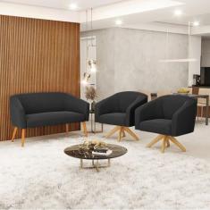 Sofá 2 Lugares 2 Poltronas Stella Base Giratória MA30 Suede Preto D03 