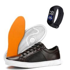 Tenis Masculino Em Couro Confortável Sapatenis Casual  + Relógio Digit