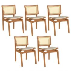 Kit 05 Cadeiras Decorativas Sala De Jantar Madeira Champagne Ravi Linho Bege - Gran Belo