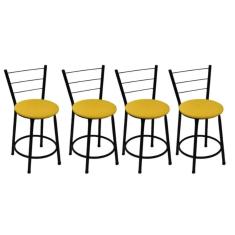 Kit 4 Banquetas Baixas Preta com Encosto Assento Amarelo