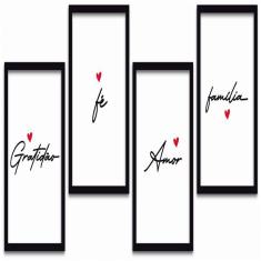 Conjunto Quadros Decorativos 4 Pçs Mdf 30X40 Amor E Familia Titulo Moldura Preta