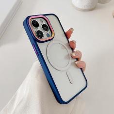 Capa de telefone transparente magnética de luxo para iPhone 14 13 12 11 Pro Max Skin Feel Laser Metal Camera Protection Capa de acrílico macio, azul escuro, para iPhone 12 Pro