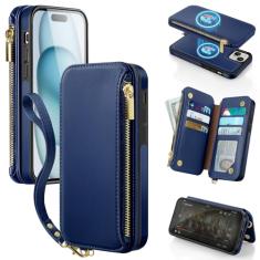 Antsturdy Capa carteira removível 2 em 1 para iPhone 15 com Magsafe, bloqueio de RFID, carregador magnético, sem fio, capa de telefone de couro PU, capa flip com suporte para cartão, alça de pulso