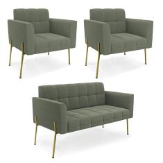 Namoradeira e 2 Poltronas Pé de Ferro Dourado Elisa Bouclê Menta D03 - D`Rossi