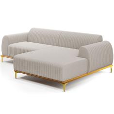 Sofá 4 Lugares com Chaise Direito Para Sala de Estar Molino 255cm D02 Base Castanho Pés D`ouro Bouclê Creme B-54 - Lyam Decor