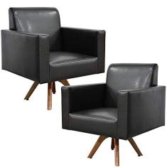 Kit 02 Poltronas Decorativas Giratória Sala Base de Madeira Helô L02 Couríssimo Preto - Lyam Decor