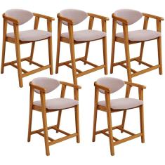 Kit 5 Banquetas Baixa Cecília L02 Moderno Madeira Maciça Assento Tecido Rosê Lyam Decor