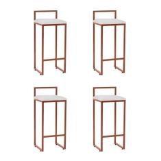 Kit 4 Banquetas Altas Industriais Em Aço Dori Cobre Assento Suede Branco - Preto