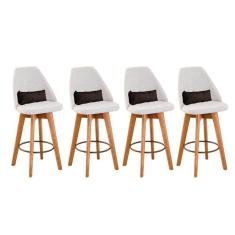 Kit 04 Banquetas Alta Maya Giratória Com Encosto Gourmet Linho Bege e Almofada Suede Marrom - Aurora Line