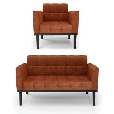 Sofá Namoradeira E 2 Poltronas Base De Madeira Preto Elisa Corano D03 - D`rossi Cor Nozes