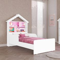 Cama Infantil Laura Casa De Boneca Em Mdf Com Proteção Lateral Tuboarte Branco Com Rosa