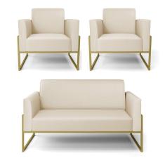 Sofá Namoradeira Com 2 Poltronas Base Industrial Alta Dourado Marisa Corino Bege D03 - D\'rossi