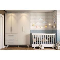 Quarto de Bebê Completo com Berço e Guarda Roupa 100% MDF Jolie Retrô Branco/Brilho
