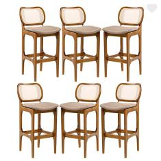 Kit 6 Banquetas para Área Gourmet Decor Encosto Rattan Madeira Imbuia Linho Marrom L87 RMI