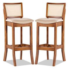 Kit 2 Banquetas Alta Portugal com Encosto Rattan Estofada Linho Bege M58 RMI