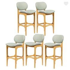 Kit 5 Banquetas Alta para Balcão Decor Madeira Mel Linho Verde L84 RMI