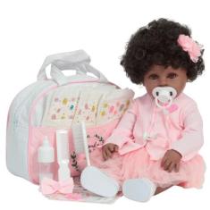 Boneca Reborn Negra 46cm Vestido Rosa Enxoval Completo - Cegonha Rebor