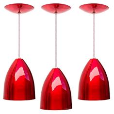 Combo Kit com 3 Pendentes Soft Cone Vermelho Luminária Alumínio Lustre 18Cm Sala