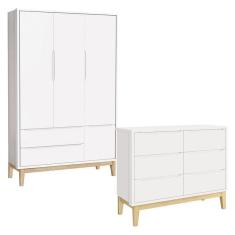 Cômoda 6 Gavetas e Guarda Roupa 3 Portas New Classic Branco com Pés Madeira Natural - Reller