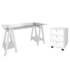 Mesa Escrivaninha 150cm Cris Tampo Vidro E Gaveteiro 3 Gavetas Nil A06 Branco - Mpozenato