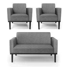 Sofá Namoradeira Com 2 Poltronas Base De Madeira Fixa Preto Marisa Linho D03 - D'Rossi A26 Grafite