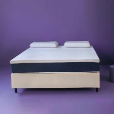 Cama Box Queen com Colchão Mola Ensacada Guldi Firme e 2 Travesseiros Guldi Nasa Viscoelástico Natural, Azul e Branco