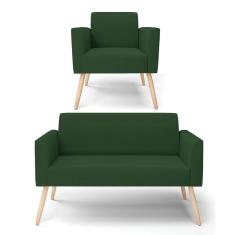 Sofá Namoradeira Com Poltrona Pés Palito Natural Marisa Veludo Verde D03 - D'rossi