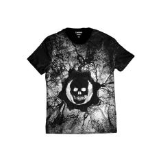 Camiseta Gears of War Símbolo Caveira Branco e Preto-Masculino