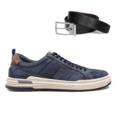 Tênis Democrata Masculino Denim Mike 240601+Cinto Masculino Dupla Face-Masculino