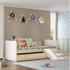 Bicama Solteiro Infantil Garden com Kit Escadinha Casatema Marroml/Branco