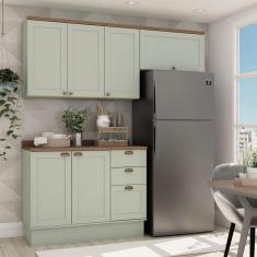 Cozinha Completa Aéreo 4 Portas Balcão 2 Portas 3 Gavetas com Tampo e Rodapé luminata Genialflex Verde Mint/Ébano