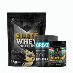 Kit: Whey Protein Elite-Pro 1kg +Creatina Monohidratada Pote 300g - 100% Pura+Pré-Treino Evolution Pré Workout 300g - So