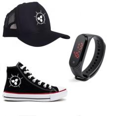 Tênis Star Boné E Relógio Kit Do Naruto Selo - Milene Store, Preto, 34