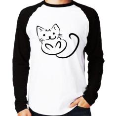 Camiseta Raglan Gatinho Traços Manga Longa - Foca na Moda, Branco, Pre