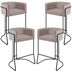 Kit 04 Banquetas Fixa Alta Betina D02 C-107 Aço Assento Estofado Linho Bege Preto Lyam Decor