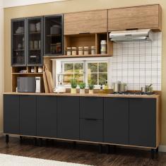 Cozinha Modulada Toscana 5 Peças Mdf Com Aéreo 1200 Porta De Vidro E Paneleiro Com Tampo Freijó/nero