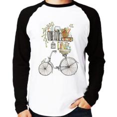 Camiseta Raglan Bicicleta e Livros Manga Longa - Foca na Moda, Branco,