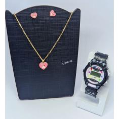 Kit Relógio Infantil Digital Menina Esporte Silicone Colorido + Conjunto Colar e Brincos Aço Desenho Animado Moda