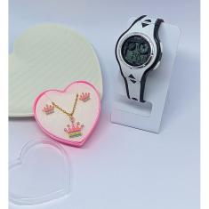 Kit Relógio Infantil Digital Luz Led Colorido Esporte Meninas Cronometro  + Conjunto Colar e Brincos Aço Delicado