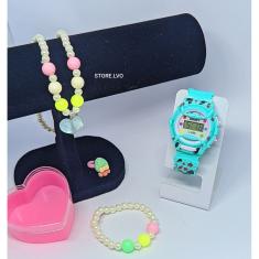 Kit Relógio Infantil Digital Menina Esporte Watch + Conjunto Colar e  Anel Florzinha Borboleta Coração Miçangas Pérolas