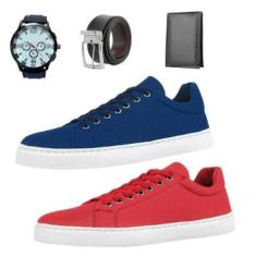 Kit 2 Tênis e Vermelho Casual +Carteira+Cinto+Relógio-Masculino