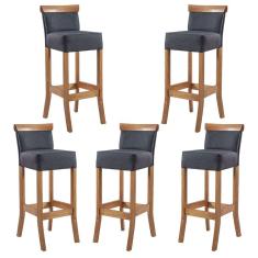 Kit 5 Banquetas Alta Encosto Estofada 36x100 Cm Diamantina Madeira Maciça Mel Linho Cinza L67 - RMI