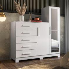 Cômoda com Espelho 5 Gavetas 2 Portas New Master Albatroz, Branco Fosc