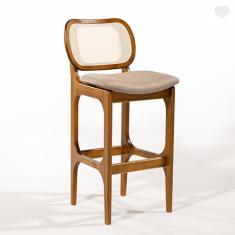 Banqueta Alta para Cozinha Decor Encosto Rattan Madeira Imbuia Linho M