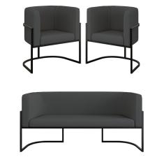 Kit Sofá 2 Lugares + 2 Poltronas Corino Preto Cinza