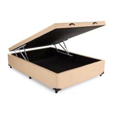 Cama Box Baú Viúvão Blindado Linhão Bege Com 128Cm de Largura